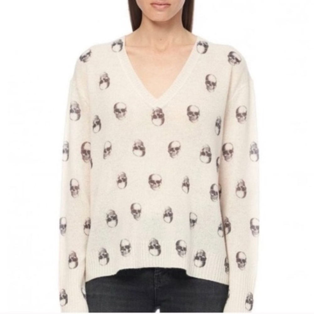 Skull Cashmere Women’s Edgy V-Neck Sweater in Cream with Skull Design